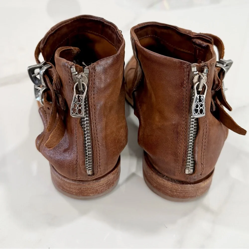 A.S.98 Women Distressed Cognac Leather Western Bootie Buckle Detail - Size 10